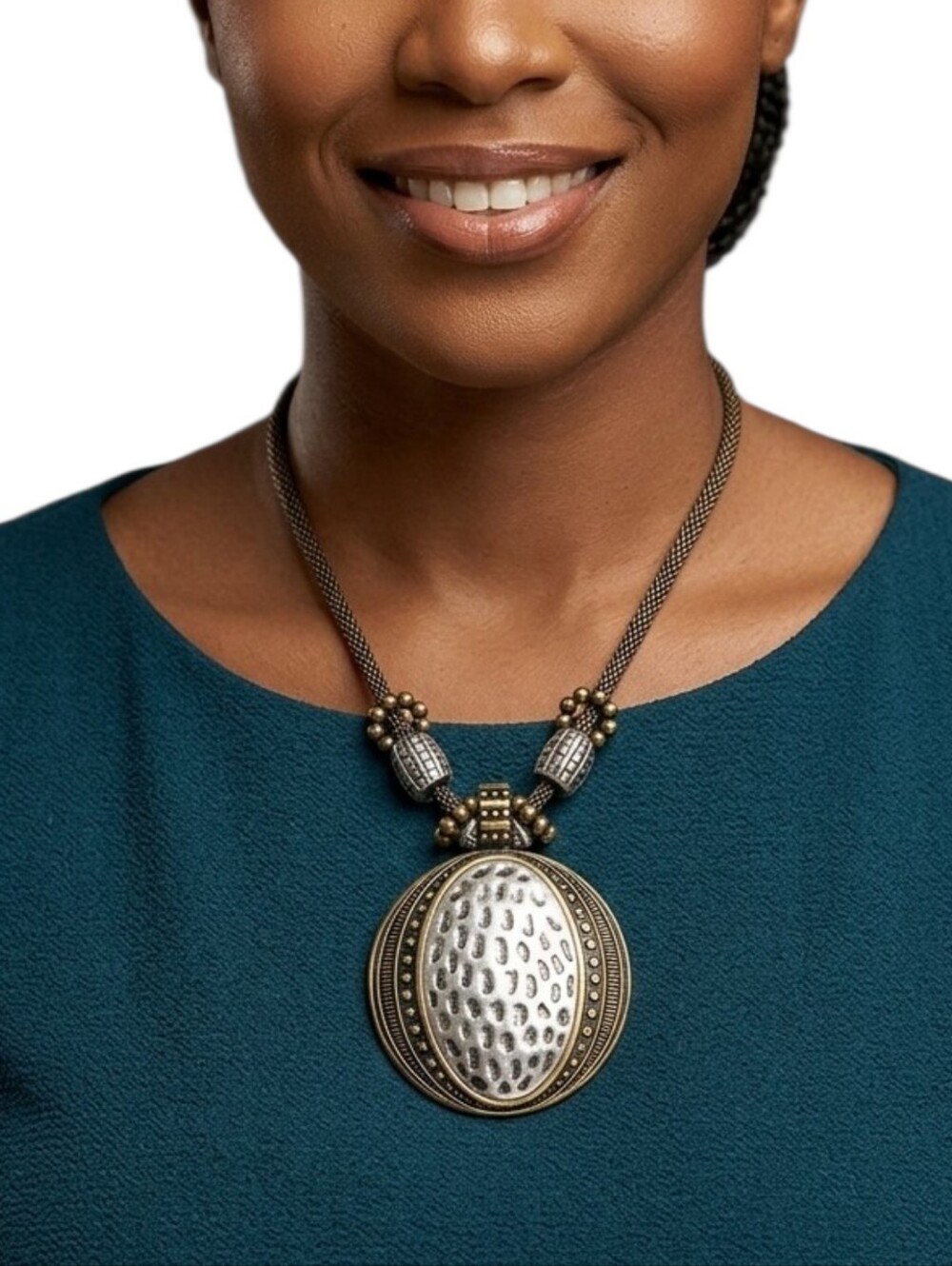 Chunky Tribal Statement Boho Brass Oval  Hammered Silver & Gold Tone Necklace